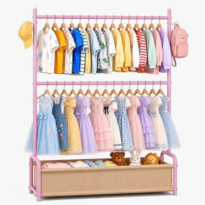 Kids Clothing Rack with Double Rod, Storage Basket & Hooks, Height Adjustable Kids Clothes Rack, Portable Baby Dress Up Garment Rack for Princess Dresses, Pink