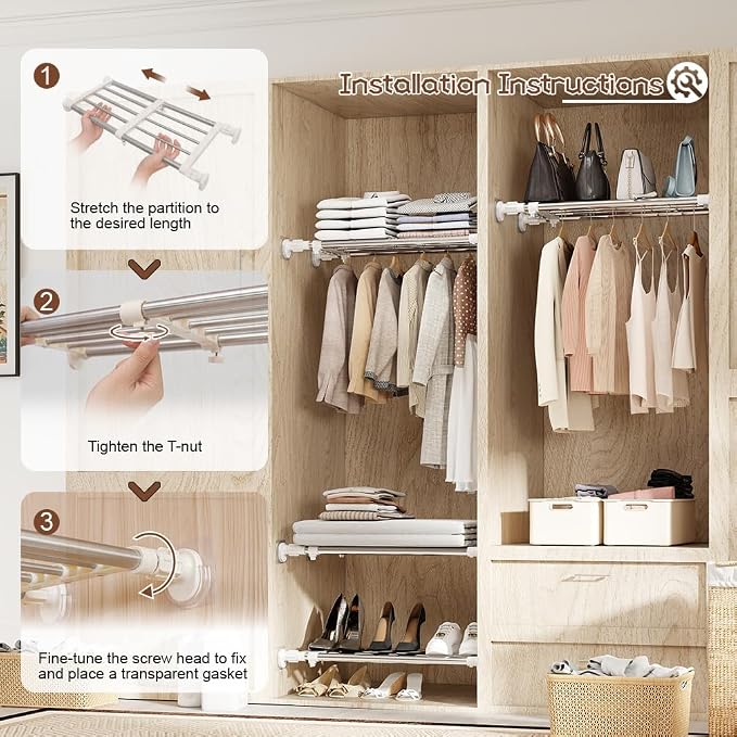 Hershii Tension Shelf Expandable Rod Closet System Heavy Duty Clothes Hanger Adjustable DIY Storage Organizer Shoe Rack