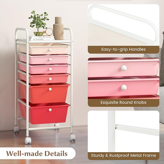 GOFLAME 6-Drawer Rolling Storage Cart, Multifunctional Art Craft Organizer Cart, Mobile Utility Storage Cart with Removable Drawers & Lockable Wheels, Craft Cart for Home Office, School, Pink