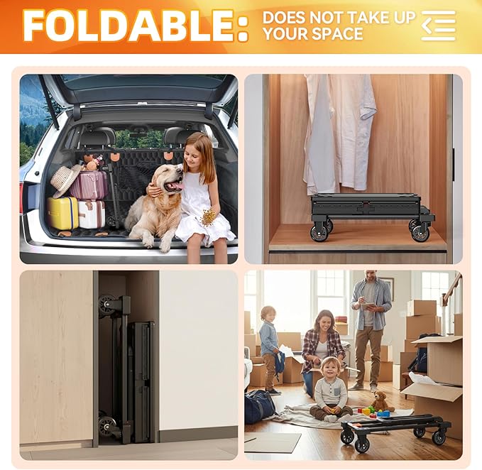 Folding Hand Truck Collapsible Crate Set, No Assembly Required 2 in 1 Utility Portable Rolling Crate Handcart with 4 Big Wheels & 2 Elastic Ropes & Removable Storage Crates (3.54 inches Wheels)