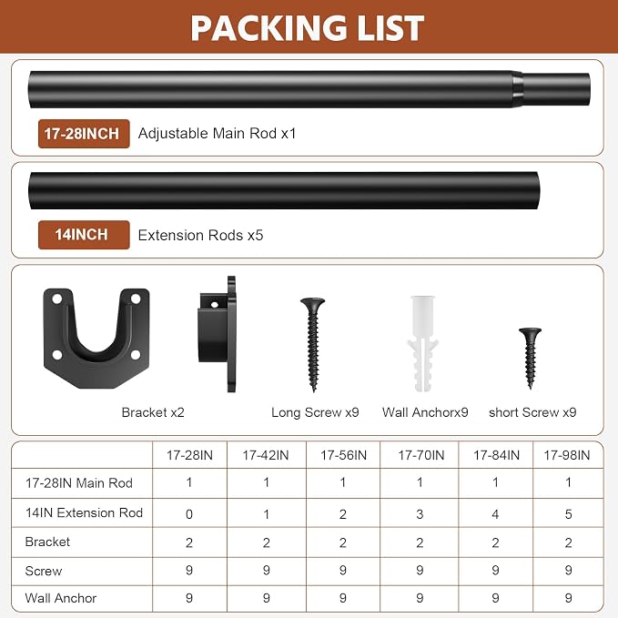 Closet Rods for Hanging Clothes, 17-98 Inch Stepless Adjustable Closet Rod, 1.3 Inch Heavy Duty Metal Clothes Hanging Rod, Expandable Closet Bar Hanger Rod Black for Closet Wardrobes Laundry RV