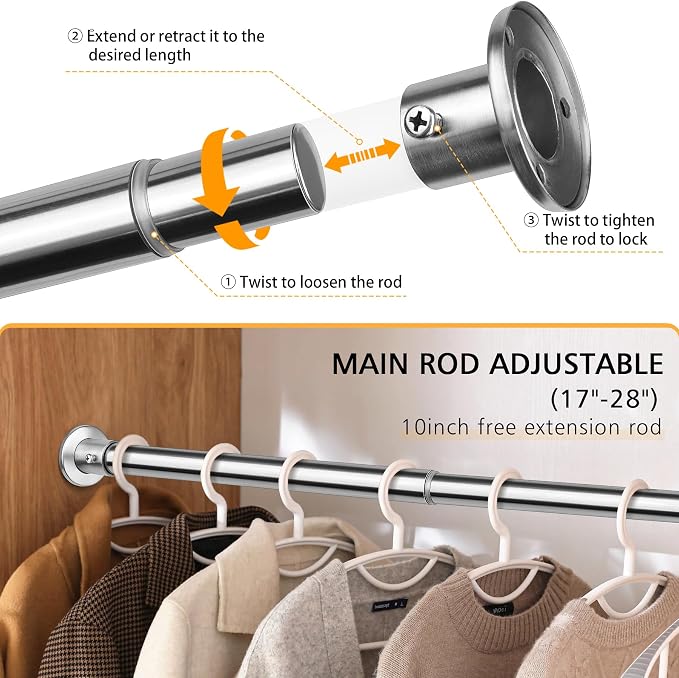 Closet Rods For Hanging Clothes, 17-64 Inch Adjustable Closet Rod, Stainless Steel Heavy Duty Closet Hanging Rod-Silver