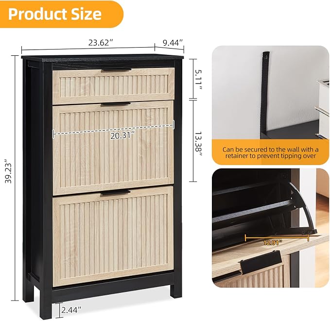2 Flip Drawers Shoe Cabinet Storage for Entryway, Narrow Shoes Organizer Cabinet for Front Door Entrance, Hidden Wooden Hallway Shoe Rack(Oak&Black)