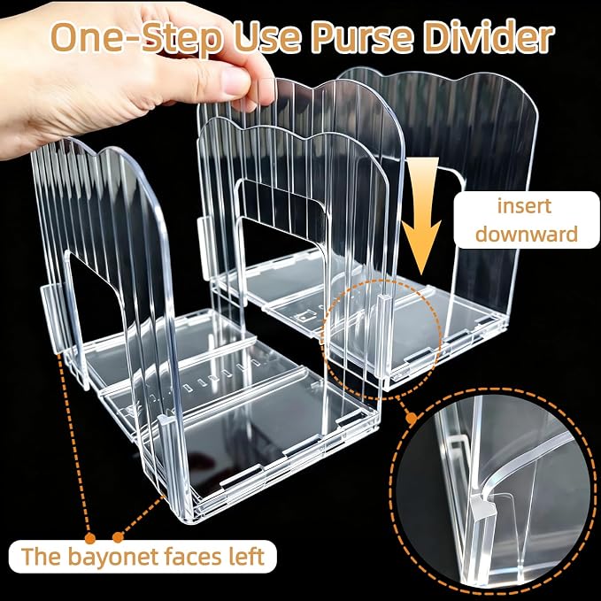 2 Pack Purse Organizer for Closet Clear Acrylic Shelf Dividers for Large Small Bag Pocket Book Clutch, Expandable Handbag Organizer for Display & Storage, 8-Slot Purse Holder Max Length 24''
