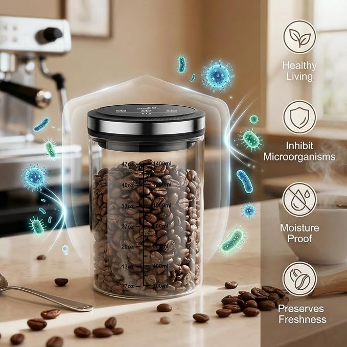 Vacuum Coffee Canister, 1.6L Large Capacity Airtight Coffee Container with Graduated Scale and Vacuum Duration Display. Features Transparent Borosilicate Glass Construction