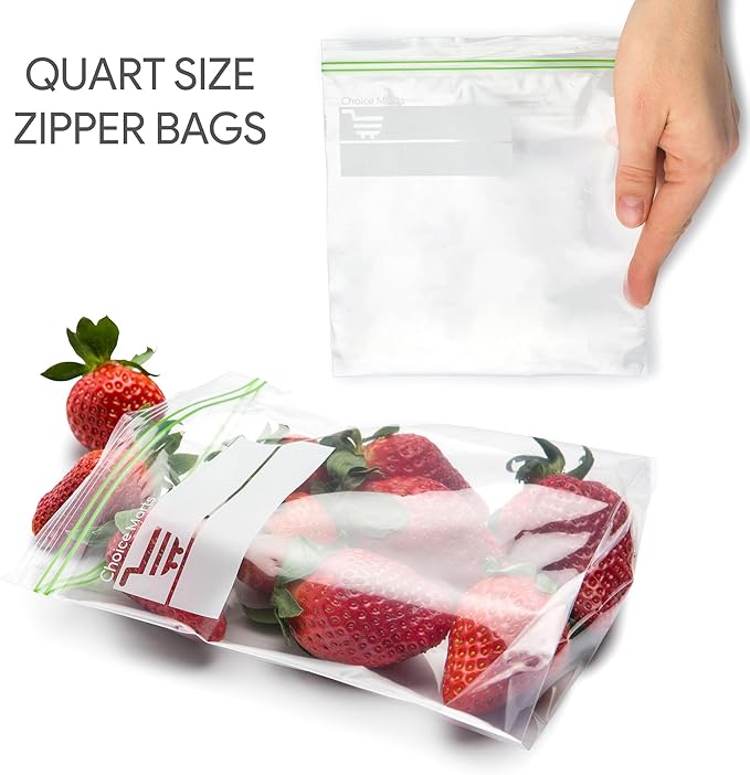 Quart Size Freezer Bags – 75 Count, Resealable, Extra Strong 2 Mil Leak Proof Double Zipper Clear Stand Up Food Bags