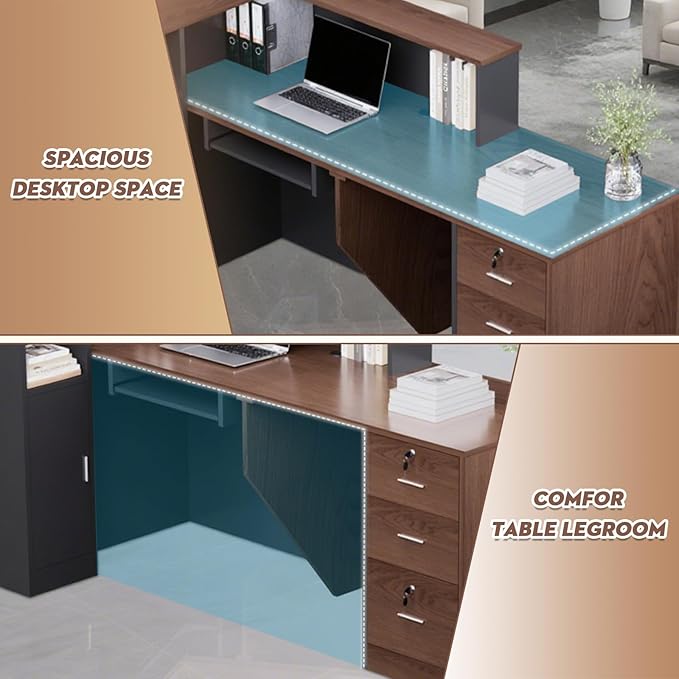 Ceridwen L-Shaped Large Wooden Reception Desk, Modern Front Desk Reception Counter with Lockable Drawers, Storage & Keyboard Tray for Office Lobby Checkout (Left-Brown + Black, 71''L x 34''W x 41''H)