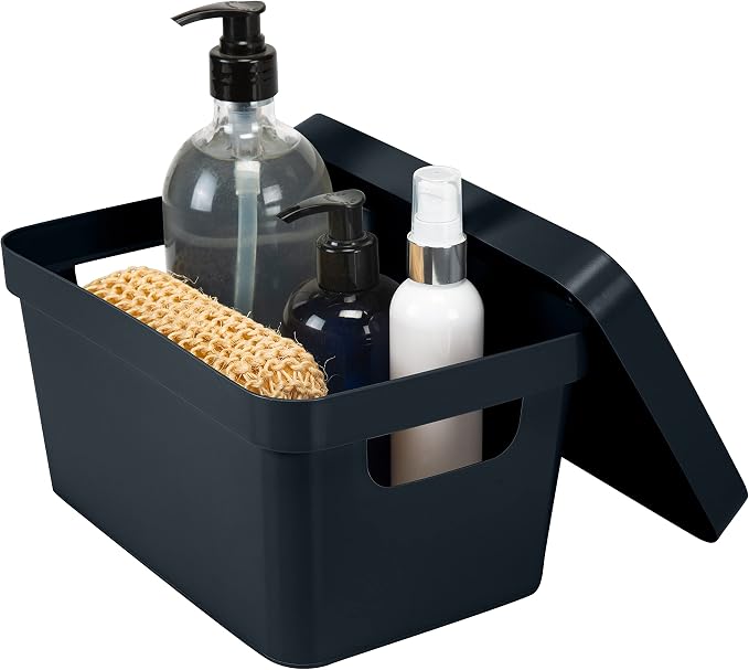 Simplify Small Vinto Storage Box | Click Tight Lid | Dimensions: 9.76" x 6.69" x 4.84" | Stackable | Home Organization | 2 Handles | Black (Pack of 2)