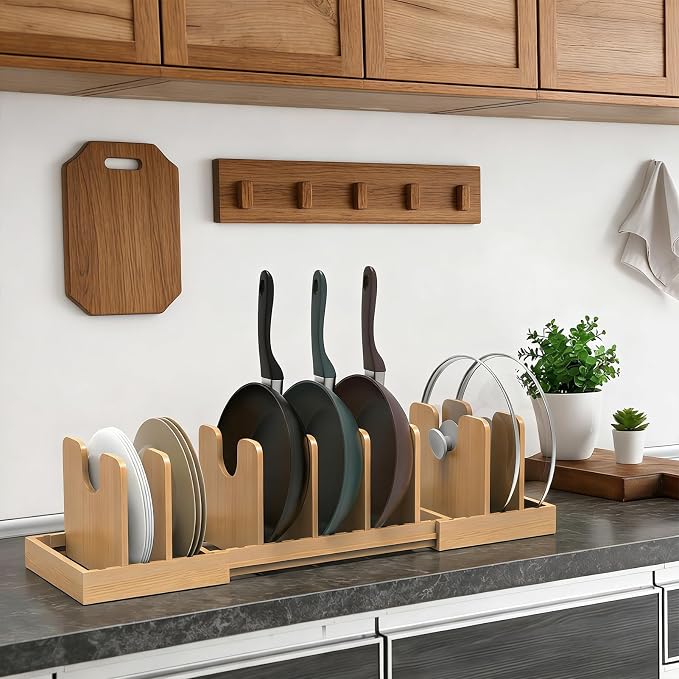 Expandable Pot Lid Organizer, Bamboo Pot and Pan Organizer for Under Cabinet, 16" to 28" Adjustable Length and 8pcs Dividers
