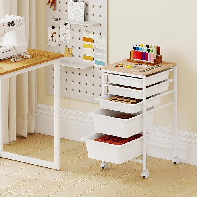 GOFLAME 5-Drawer Rolling Storage Cart, Craft Storage Cart with Wooden Tabletop and Lockable Wheels, Art Cart Supply Storage Organizer with Metal Frame for Home Office Classroom, White