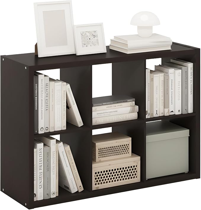 Furinno CUBICLE 6-Cube Book Shelf, Extra Thick Frame Bookshelf, Dark Oak | 14.6" x 44" x 30", Horizontally & Vertically Reversible Bookcase with Open Back, for Living Room, Bedroom, Home Office