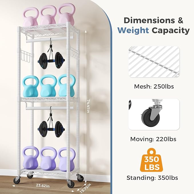 OLIXIS Clothes Rack Heavy Duty Adjustable Garment Clothing Rack with Wheels, Rolling Metal Freestanding Closet Organizer for Hanging Clothes with 2 Side Hooks, Double Rods, 23.6"x15.7"x74.4", White