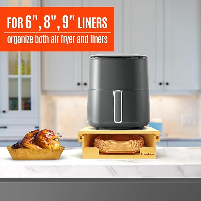 Libreshine Bamboo Kitchen Organizer - 6/8/9 Inch Air Fryer Liner Dispenser, 8/9/10 Inch Paper Plate Holder Under Cabinet, Vertical Storage Rack for Countertop & Shelf