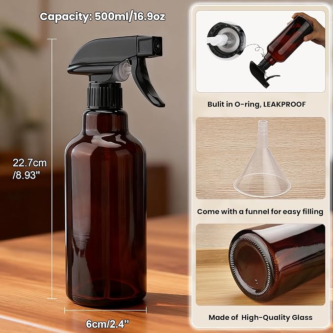 16.9oz Glass Spray Bottles 2 Pack, 360° Any-Angle Spraying | Refillable Leak-proof Bottles with Adjustable Nozzle; Ideal for Cleaning, Essential Oils, Plants & Hair Care