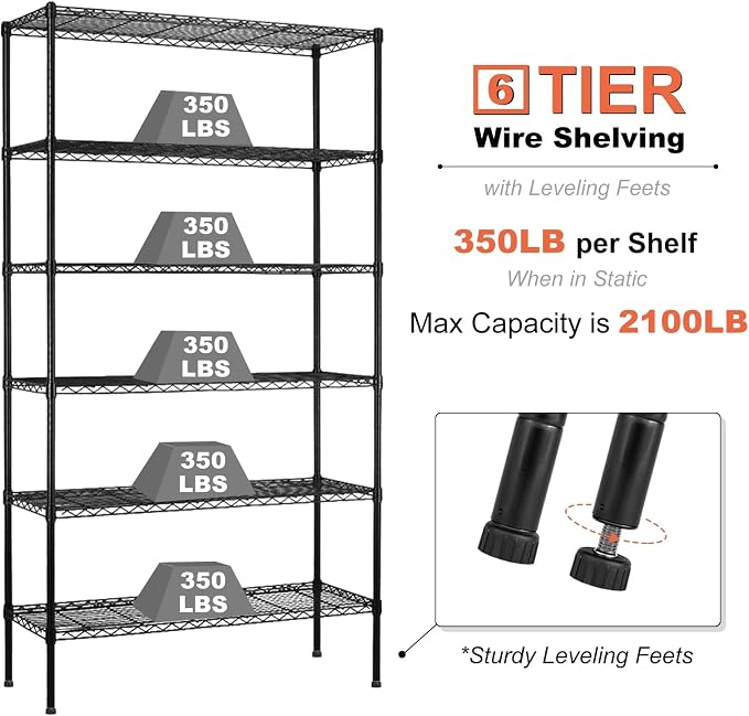 Meet perfect 6-Tier Storage Shelves NSF Certified Wire Shelving Unit on Wheels Heavy Duty Metal Shelves Adjustable Steel Shelving 2100Lbs Capacity for Closet Pantry Basement- (18"x45"x82", Black)