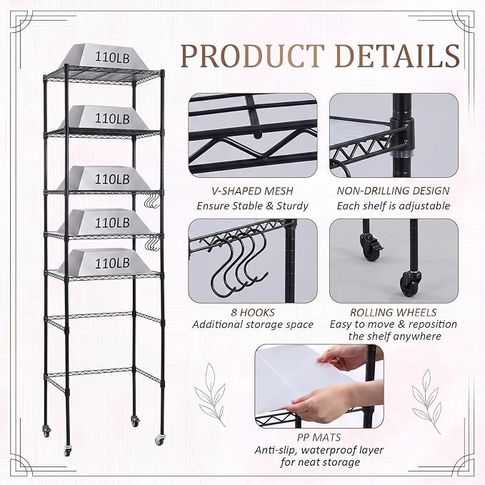 5tier over Fridge Shelf for Dorm with Wheels 90.5 Tall Fridge Shelf Black | Adjustable Height Storage Shelf Metal Rack Hooks PP Shelf Liners Anti Tip Kits for Dorm Kitchen Laundry College Pantry