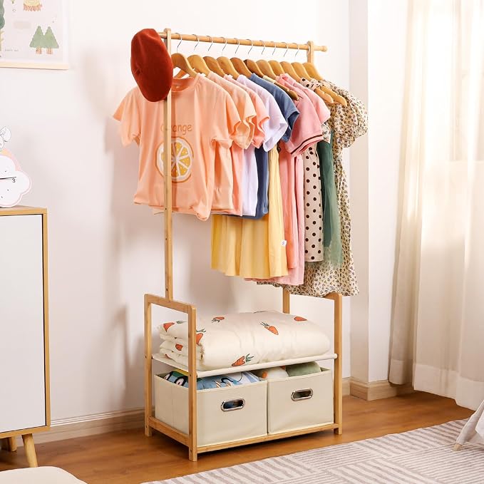 Bamboo Kids Clothing Rack: Holds Up To 121 Lbs of Dress-Up Clothes | 2 Adjustable Hanging Rods & 2 Storage Baskets With Shelf. Child Garment Holder for Playroom & Toddler Bedroom (Natural)