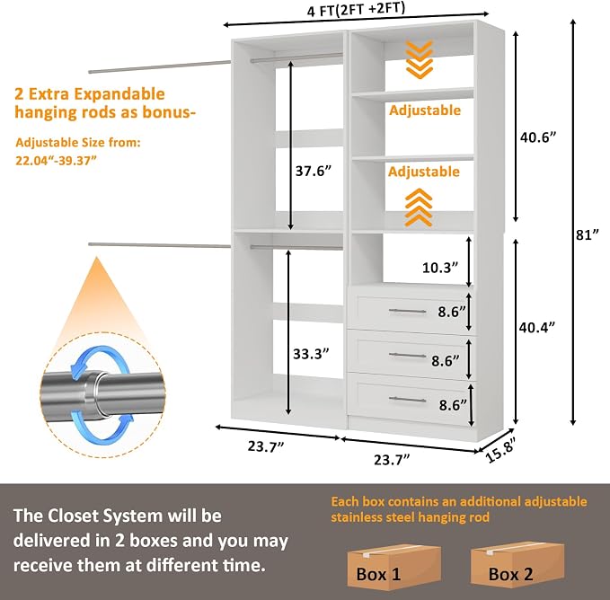 Closet System with 3 Drawers, 4FT-10.5FT Wooden Organizer System | 81"Tall Modular Walk In Closet Storage Organizer System with 4 Hanging Rods& 4 Adjustable Shevles, 2 Set,White