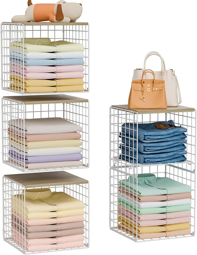 Hencawima 5PCS Stackable Closet Organizers and Storage, Closet Shelves with Wood Top Extra Storage, Clothes Storage Organizer Basket Bin/Cube for Home Wardrobe Organization(White-Sturdy Metal)