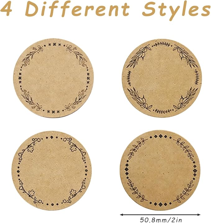 500 Jar Stickers, Jelly Jars & Jam Jar Labels, Kraft Paper Gift Tags, 4 Different Garland Designs for Mason Jars/Bottles/Name Tags and More (2 Inch Round)