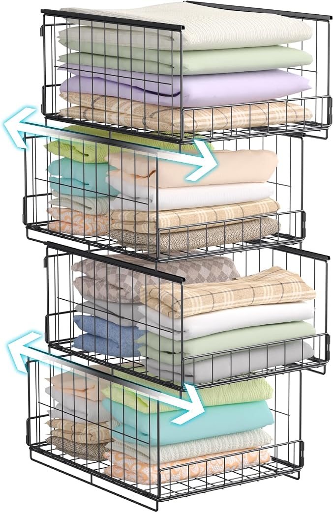 4-Tier Stackable Closet Organizer and Storage Shelves, Foldable Closet Shelf Organizer Storage Bins Closet Storage Organizer for Wardrobe Sweaters Accessories Bedroom Dorm RV Storage(Black)
