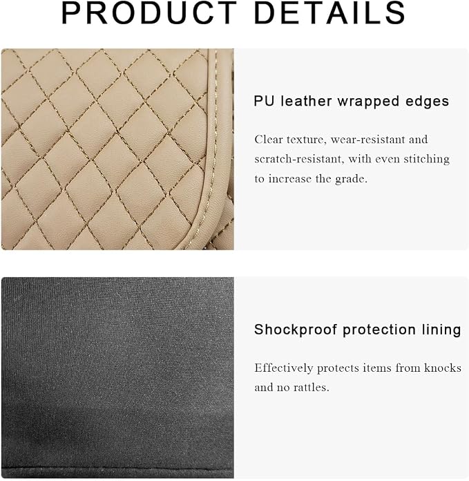 DXNQ Car Purse Holder Between Seats, Luxury Leather Front Seat Back Handbag Organizer with Tissue Box Cup Holders, Auto Large Capacity Multi Pocket Purse Holder Hanging Storage Bag (Beige)