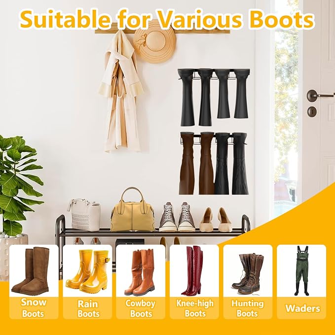 8 Pair Boot Rack Wall Mount for Entryway Garage Mudroom Closet Indoor Outdoor - Wader Hangers for Drying Fishing Rain Hiking Tall Cowboy Boots - Boot Hanger Holder for Storage Organizer