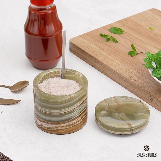 Marble Salt Cellar 3 Inch Green Flaky Salt Containers for Countertop - Sugar Bowl With Lid, Salt Holder, Spice Jars, Salt Box for Seasoning Storage Container, Salt Dish for Kitchen Decor