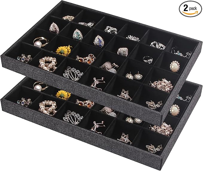 Julysky 2 Pack 24 Grids Jewelry Organizer Trays Ring Earring Display Stand for Selling, Black Velvet Necklace Holder Box Bracelet Case