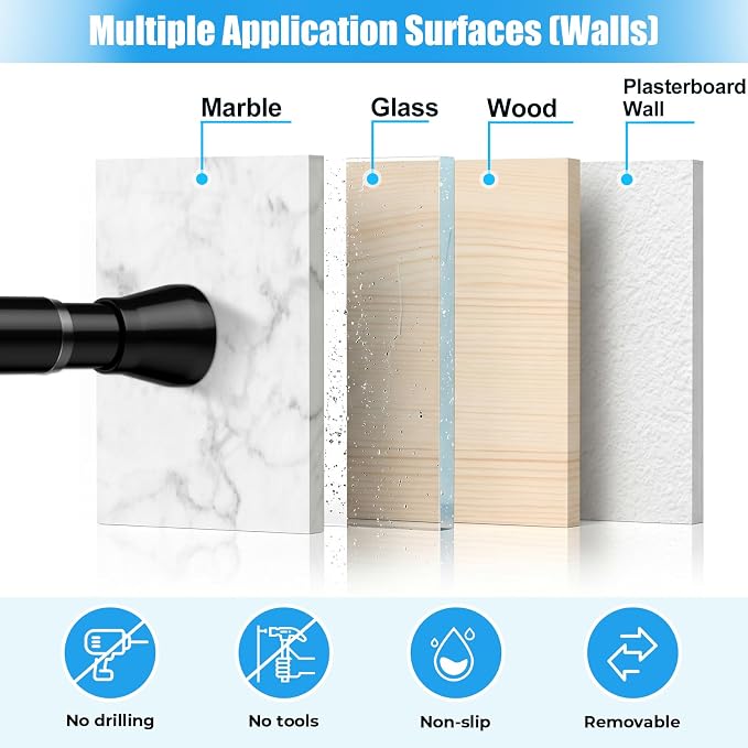 Spring Tension Curtain Rods 45-77 Inch Black 1 Pack | No-drill & tool-free setup. Fits windows, kitchens, doorways. Rust-resistant, great for light curtains.