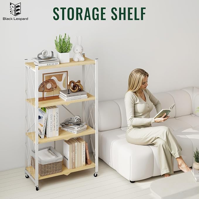black leopard 4-Tier Foldable Shelf with Wheels, Wood-Grain Steel Shelves | Pre-assembled frame unfolds in seconds with tool-free wheel setup for fast, convenient use.