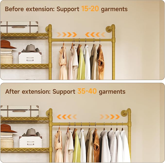 L3 Wall Mounted Metal Pipe Closet System Heavy Duty Corner Garment Rack | Max Load 950LBS with 4 Telescopic Rods & 6 Wire Shelves Gold Industrial Modular Clothing Clothes Rack Wardrobe Closet