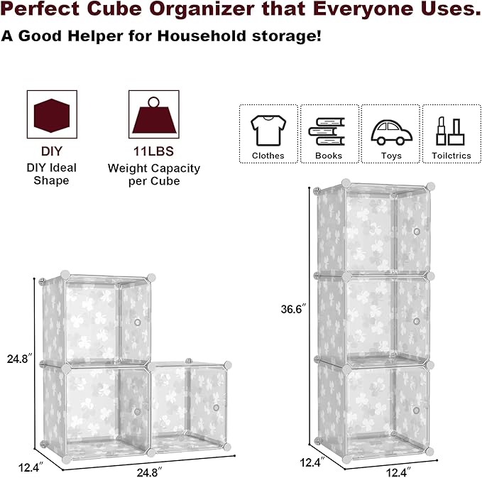 C&AHOME Cube Storage Organizer with Doors, 3-Cube Shelves, DIY Plastic Modular Bookshelf, Closet Clothes Storage Shelving Ideal for Bedroom, Living Room, Clover Embossed, White