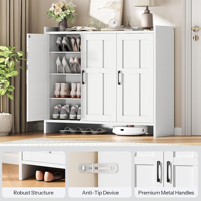 HOOBRO Shoe Cabinet for Entryway, 42.1" Large Shoe Storage Cabinet with 3 Doors, Adjustable Shelves Shoe Organizer for 16-20 Pairs, Freestanding Shoe Rack for Entryway, Hallway, Closet, White