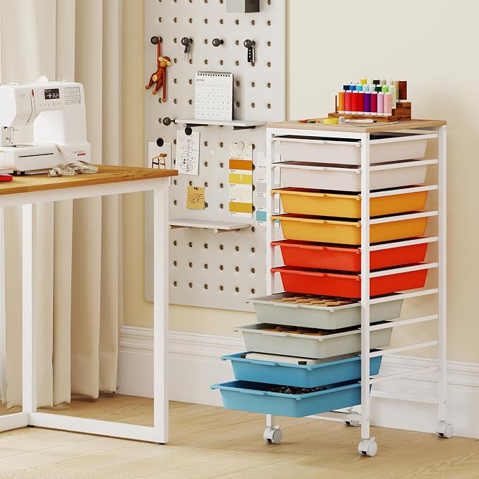 LDAILY Rolling Cart with Drawers, 10 Drawer Rolling Storage Cart with Wooden Tabletop, Metal Frame & Lockable Wheels, Craft Organizers and Storage for Home Office Classroom (Macaron, 10-Drawer Small)