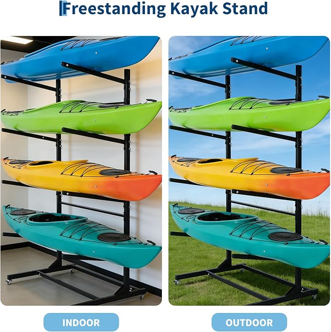 Freestanding Kayak Storage Rack with Wheels, Adjustable Kayak Racks for Garage and Outdoor, Heavy Duty Kayak Stands for Canoes, Kayaks, SUP and Surfboards