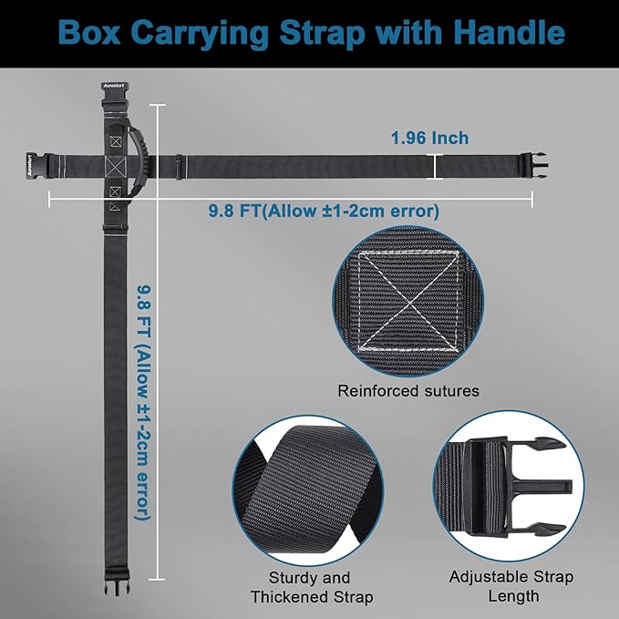 Box Carrying Strap with Handle 9.8 Feet Adjustable Straps for Battery Box Handheld Belt Carry Straps for Safely Moving and Lifting Heavy Boxes (Black, 9.8FT)