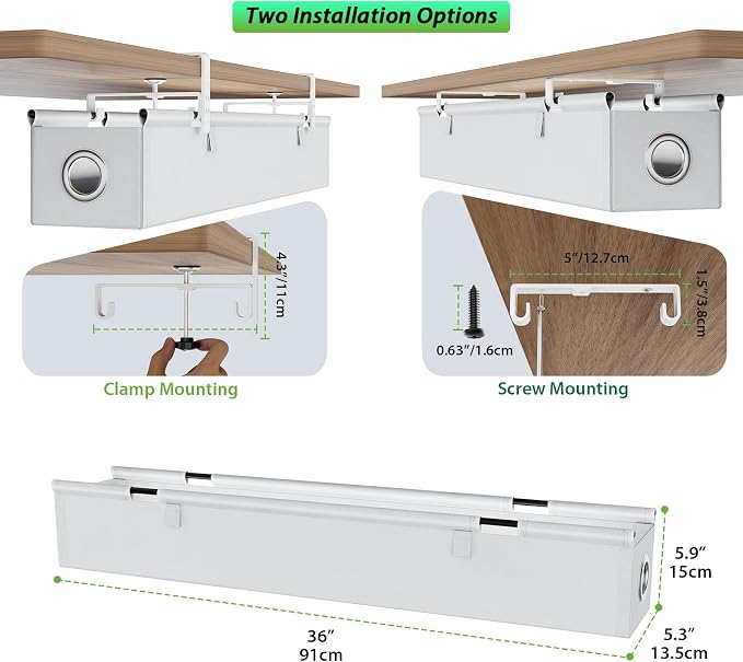 KEEGH Under Desk Cable Management Tray 36", Fabric Clamp/Screw Mount Cord Organizer, No Drill Under Desk Cable Tray for Home, Offices, Studios, Gaming Room (White)