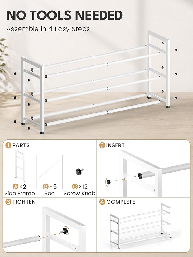Bumusty 3-Tier Expandable Shoe Rack for Closet, 18“-33” Adjustable Shoe Rack for Small Space, Small Shoe Organizer for Front Door, Sturdy Metal, White