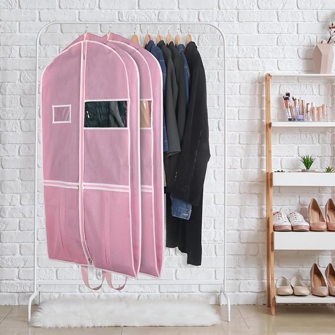 Zilink 43" Garment Bags for Travel for Women Carry on Suit Bags for Travel and Storage Gusseted Hanging Garment Bags with Handles for Coats, Jackets, Shirts,Dresses, Pink
