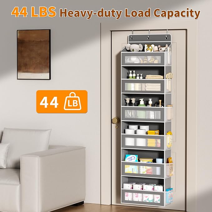 6-Tier Over The Door Organizer with Large Pocket, Over the Door Storage 12 Side Pockets, Hanging Door Organzier 44 lb Load Behind Door Storage Hanging Shelf for Closet Wall Bathroom Nursery, Grey