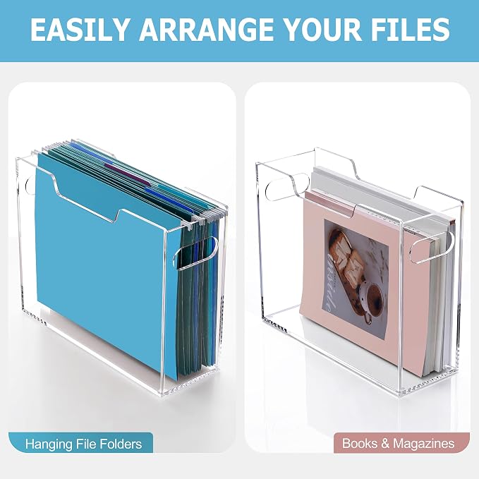 Clear Acrylic Hanging File Organizer Box with Handle, Letter Size Portable File Folder Storage Box, Filing Holder for Desk Home Office - 1 Pack