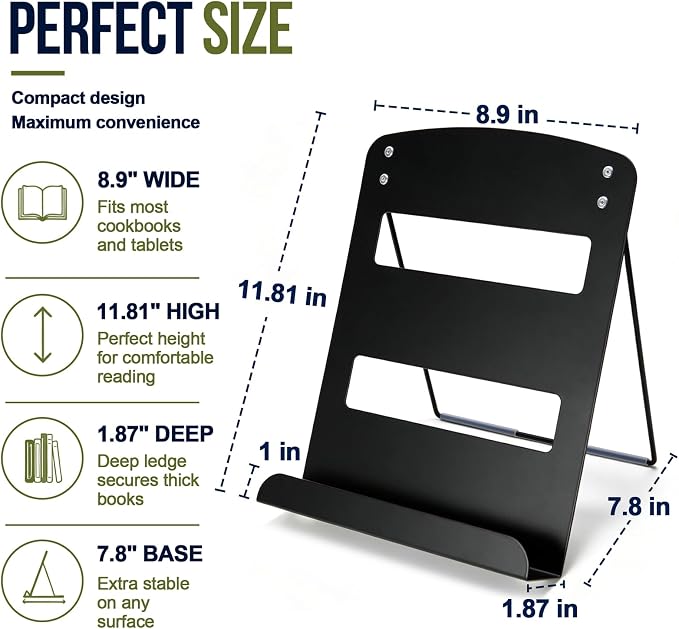 Cookbook Stand for Kitchen Counter,Metal Recipe Book Holder with Hooks,Foldable Reading Rack for Textbooks,Tablets and Magazines,Space Saving Carbon Steel Stand with Non Slip Pads,Black