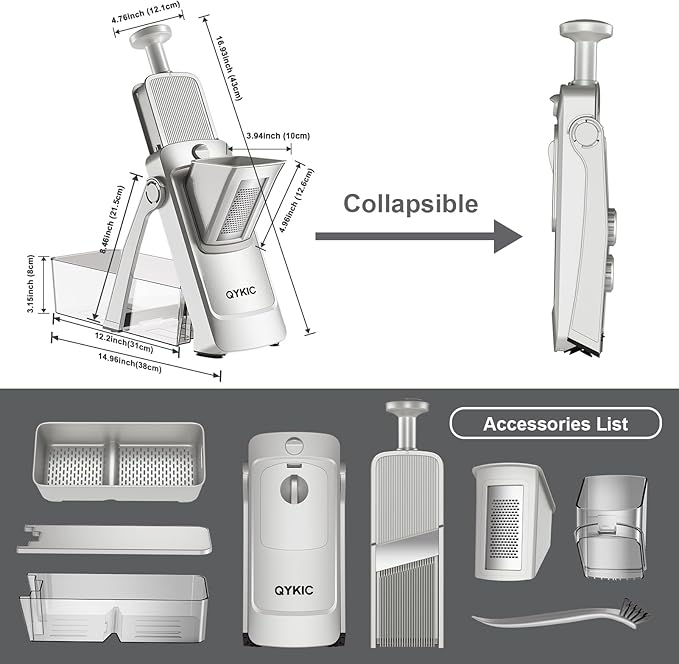 QYKIC Upgrade Safe Mandoline Slicer,Vegetable Chopper,Potato Slicer, Onion Chopper with Drain Basket Storage Container, Cheese Grater Kitchen Chopping Artifact (SliverGray)