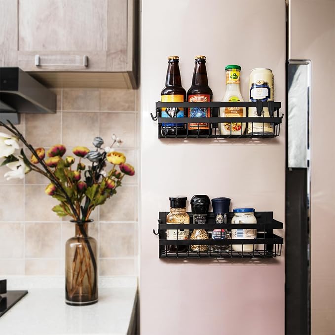 Magnetic Spice Rack Organizer for Refrigerator, Pack of 2, Fridge Organizer Shelf, Refrigerator Organizers and Storage, Multi Use Kitchen Magnetic Shelf,11.8″x4.5″x4.3″,Black