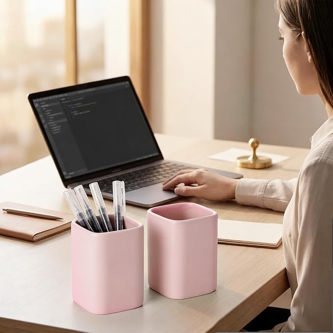 Ceramic Pen Holder Set of 2, Matte Square Pencil Cup for Desk, Heavyweight Stoneware Desk Organizer for Office Front Desk & Vanity, Modern Pen Cups Holder, Non-Slip Base - Matte pink