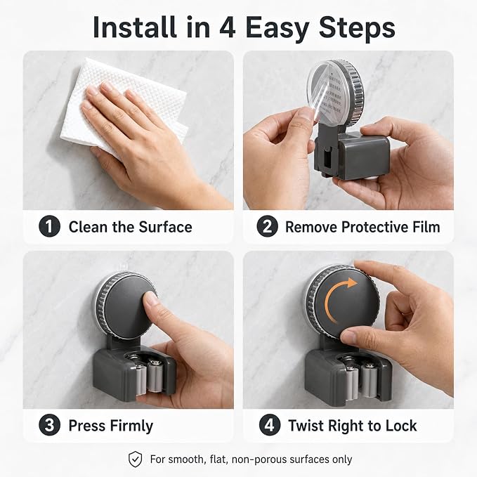 Suction Cup Mop and Broom Holder Wall Mount, 2 Pack No Drill Rotating Mop Gripper and Broom Hanger, Single Slot Cleaning Tool Holders for Bathroom, Kitchen, Laundry Room, Gray