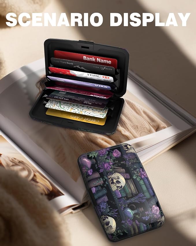 Maicican Credit Card Holder, Mini RFID Blocking Aluminum Wallet | Slim Metal Hard Case Travel Wallet ID Case for Women and Men, 4.3 x 2.9 Inches, Purple Flowers and Skulls