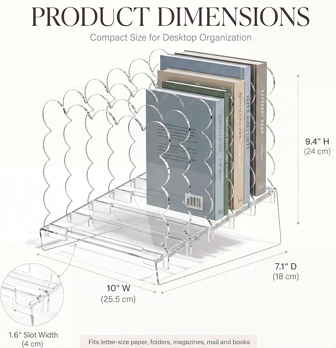 AmazingSpark Acrylic File Organizer for Desk, 5-Slot Acrylic File Sorter with Scalloped Edge, Clear Desktop Holder for Folders, Documents, Notebooks, Clipboards and Mail for Home, Office and School