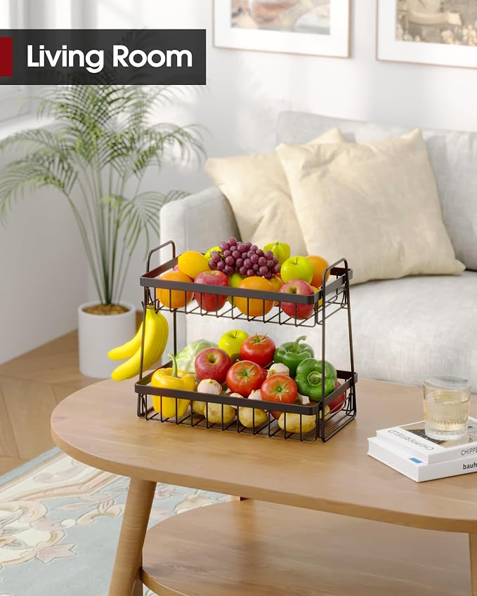 Sakugi Fruit Basket for Kitchen Counter - 2-Tier Fruit Bowl with Removable Banana Hanger & Handles, Rustproof Fruit Holder for Kitchen, Living Room, Bathroom, 14.6"×9.0"×12.9", Black